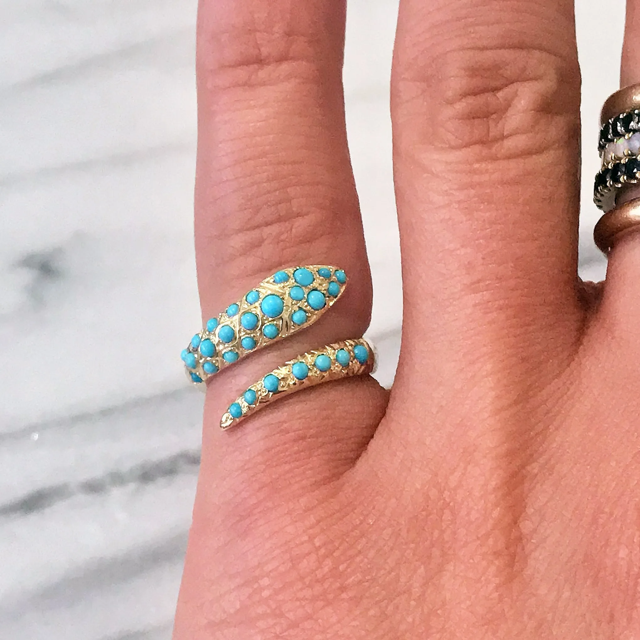 14K Gold Turquoise Snake Wrap Bypass Ring