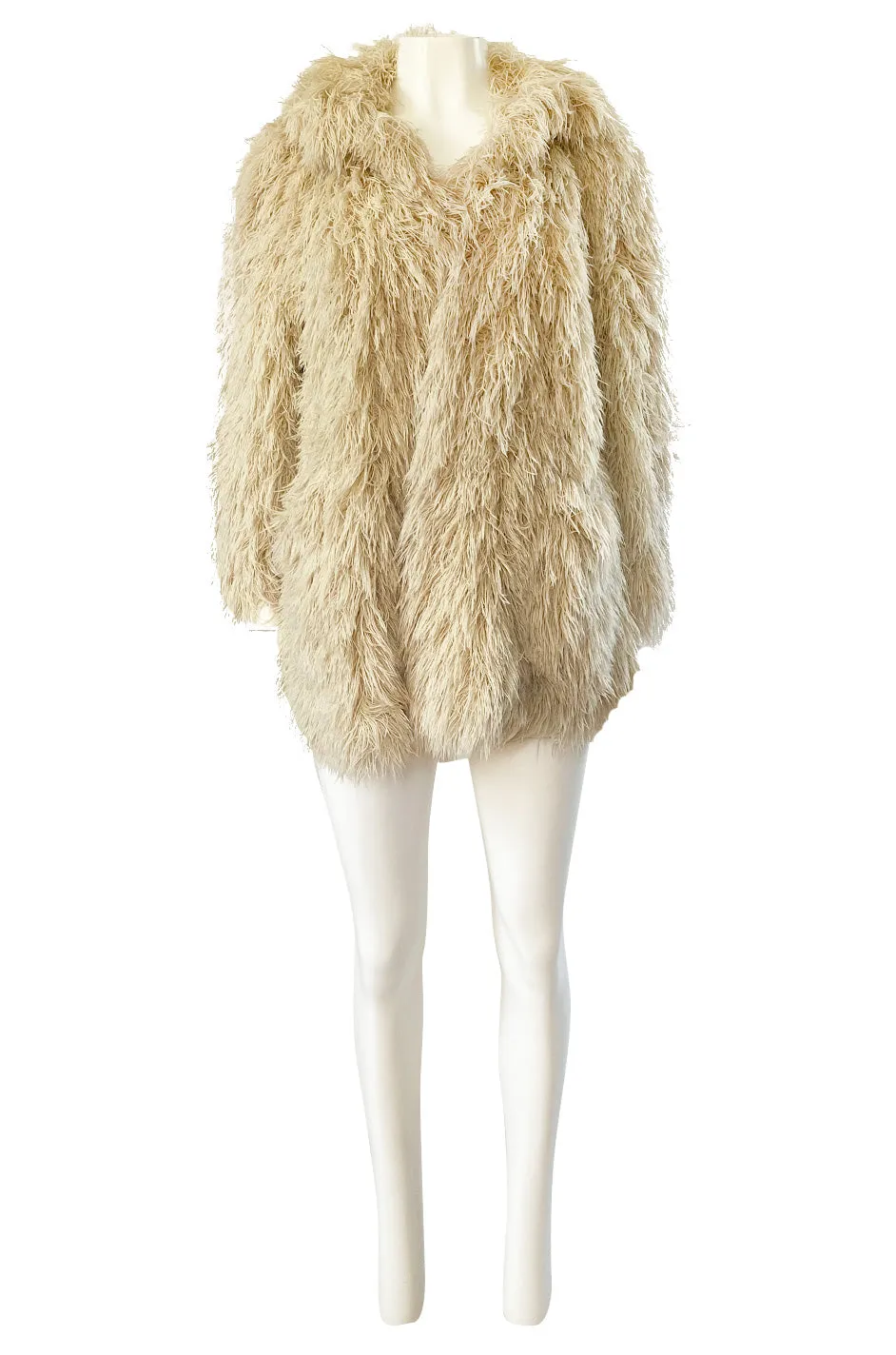 1970s Unlabeled Arissa of France Deep Ivory Faux Fur Alternative String Coat
