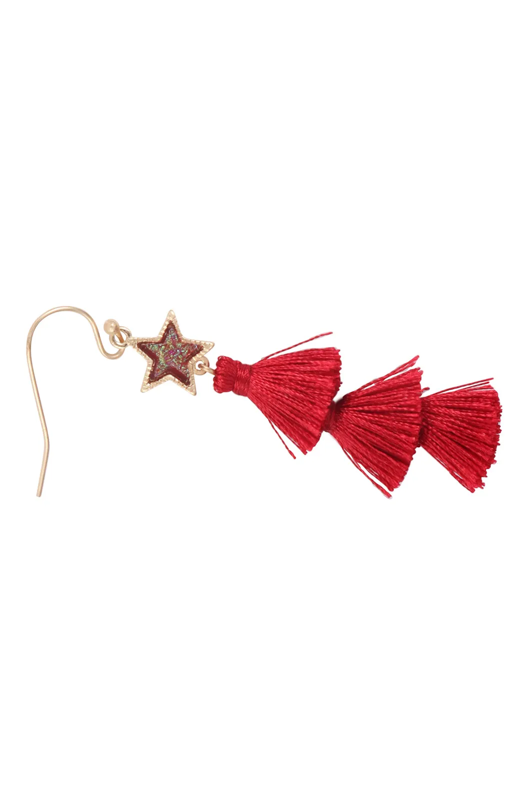2“ STAR SHAPE FAUX DRUZY WITH TRIPLE MINI TASSEL HOOK EARRINGS
