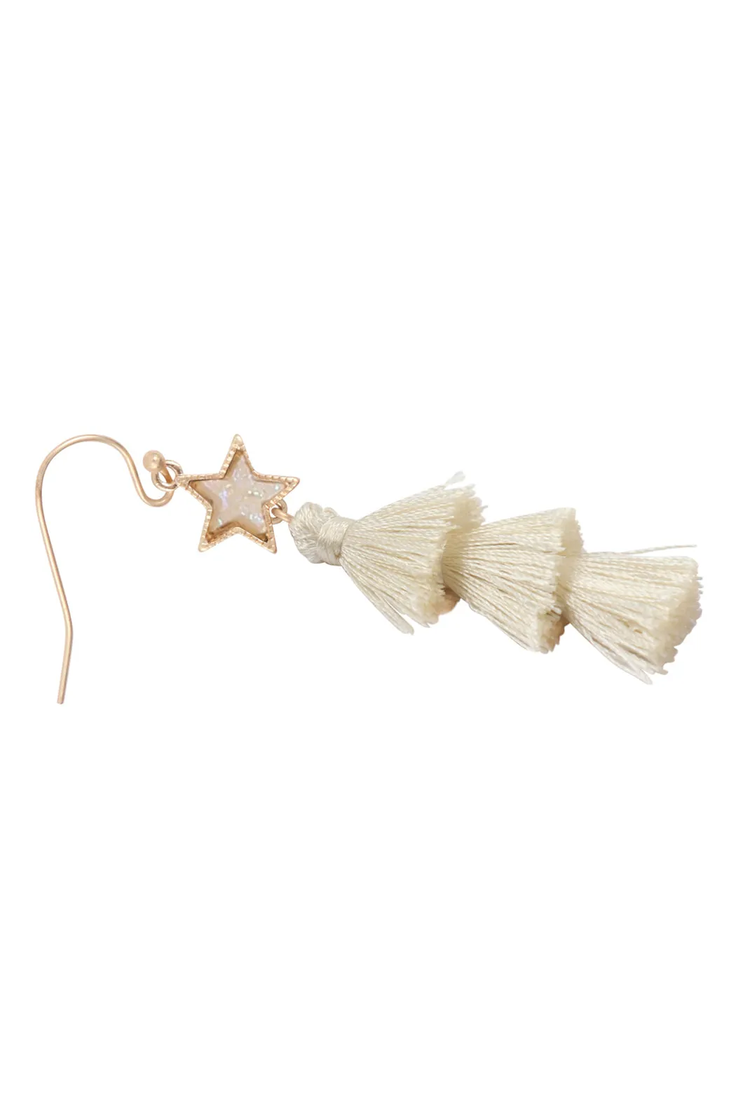 2“ STAR SHAPE FAUX DRUZY WITH TRIPLE MINI TASSEL HOOK EARRINGS