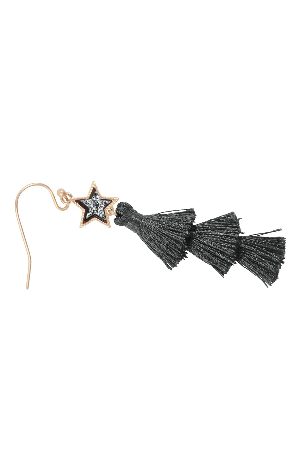 2“ STAR SHAPE FAUX DRUZY WITH TRIPLE MINI TASSEL HOOK EARRINGS