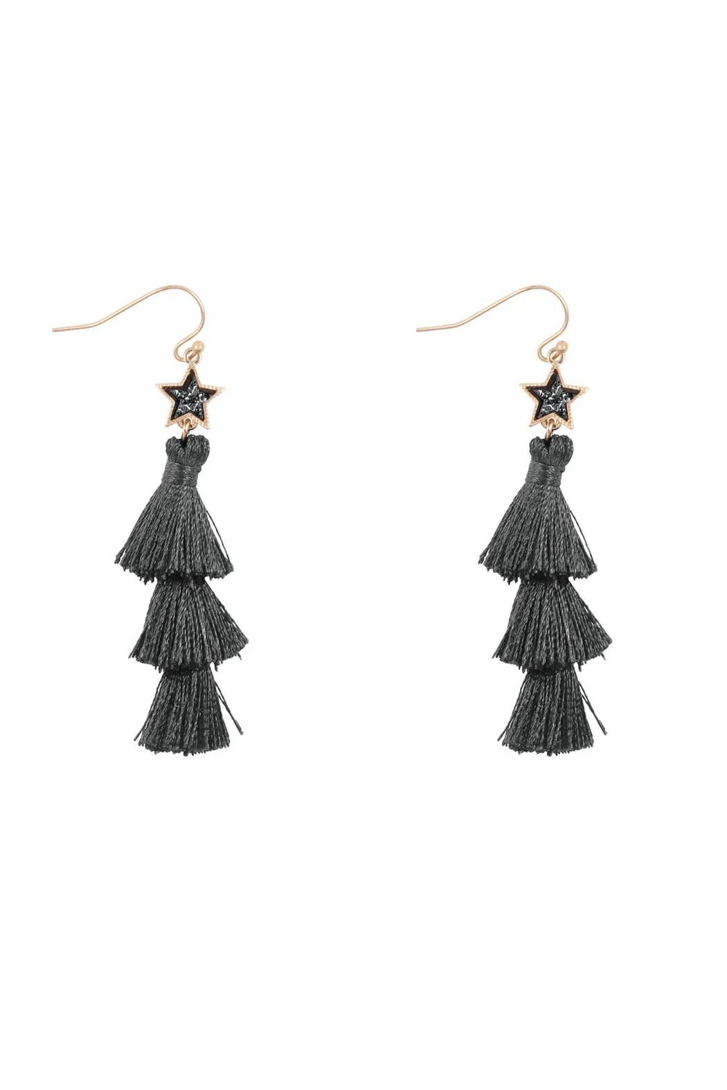 2“ STAR SHAPE FAUX DRUZY WITH TRIPLE MINI TASSEL HOOK EARRINGS