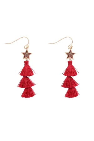 2“ STAR SHAPE FAUX DRUZY WITH TRIPLE MINI TASSEL HOOK EARRINGS