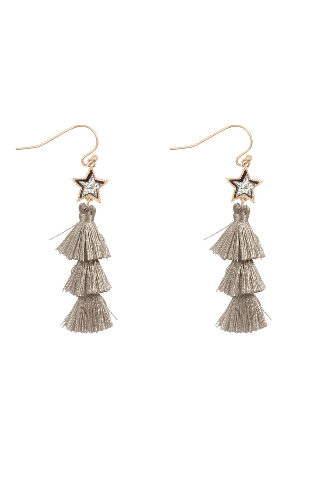 2“ STAR SHAPE FAUX DRUZY WITH TRIPLE MINI TASSEL HOOK EARRINGS