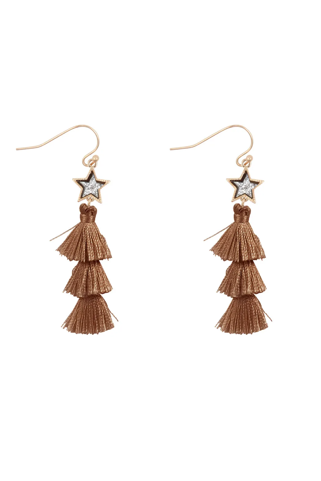 2“ STAR SHAPE FAUX DRUZY WITH TRIPLE MINI TASSEL HOOK EARRINGS