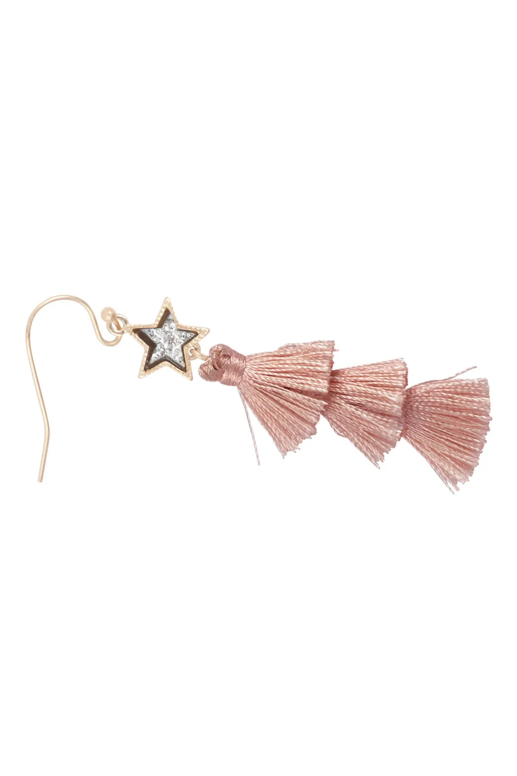 2“ STAR SHAPE FAUX DRUZY WITH TRIPLE MINI TASSEL HOOK EARRINGS