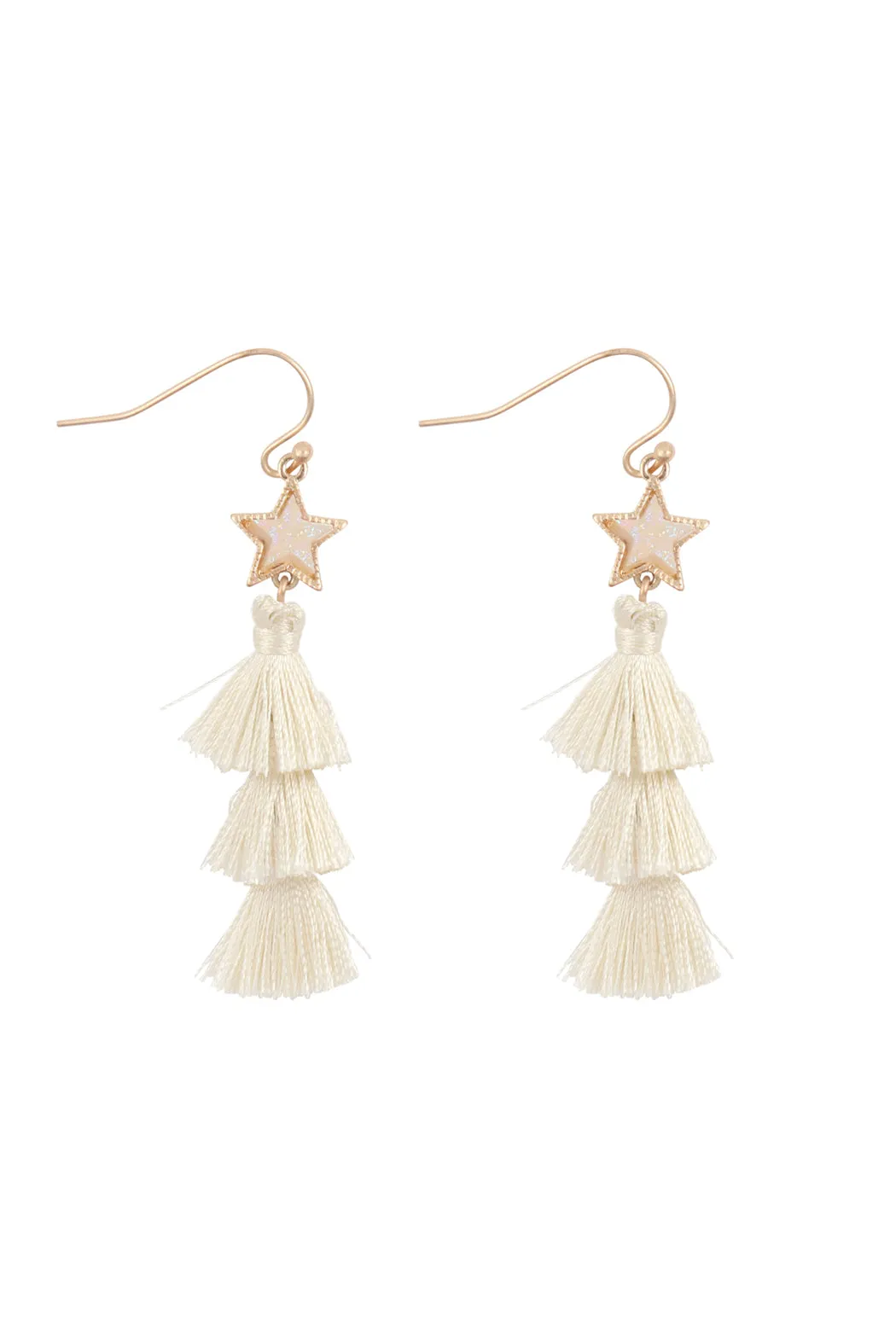 2“ STAR SHAPE FAUX DRUZY WITH TRIPLE MINI TASSEL HOOK EARRINGS