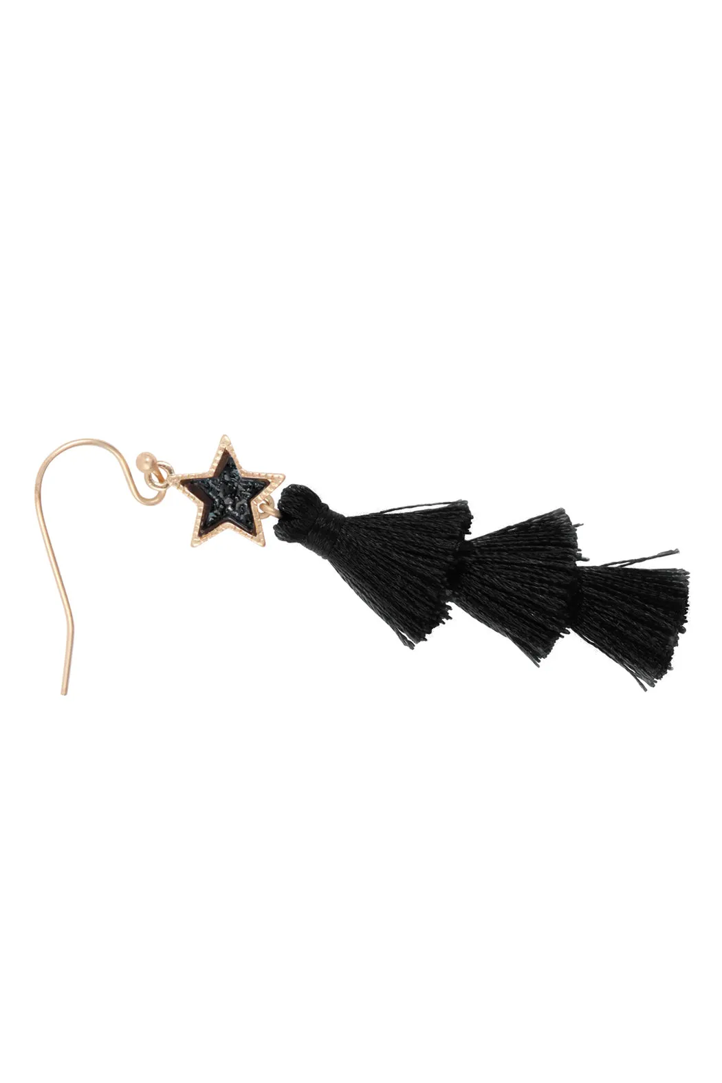 2“ STAR SHAPE FAUX DRUZY WITH TRIPLE MINI TASSEL HOOK EARRINGS