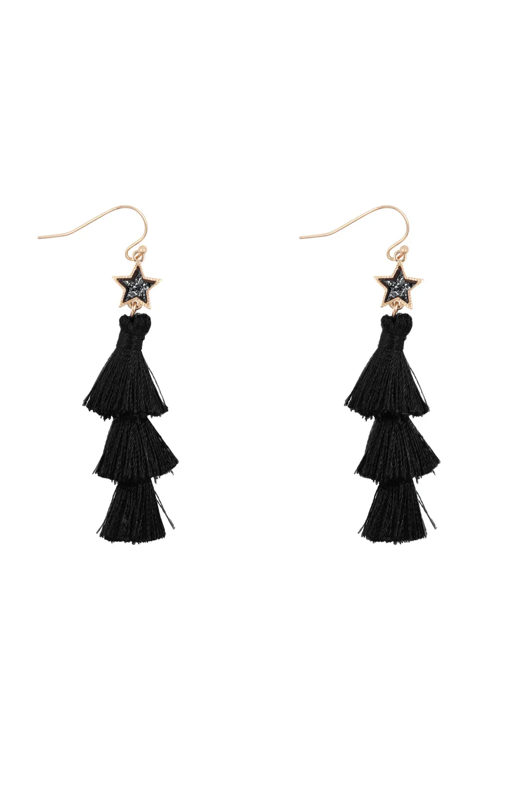 2“ STAR SHAPE FAUX DRUZY WITH TRIPLE MINI TASSEL HOOK EARRINGS