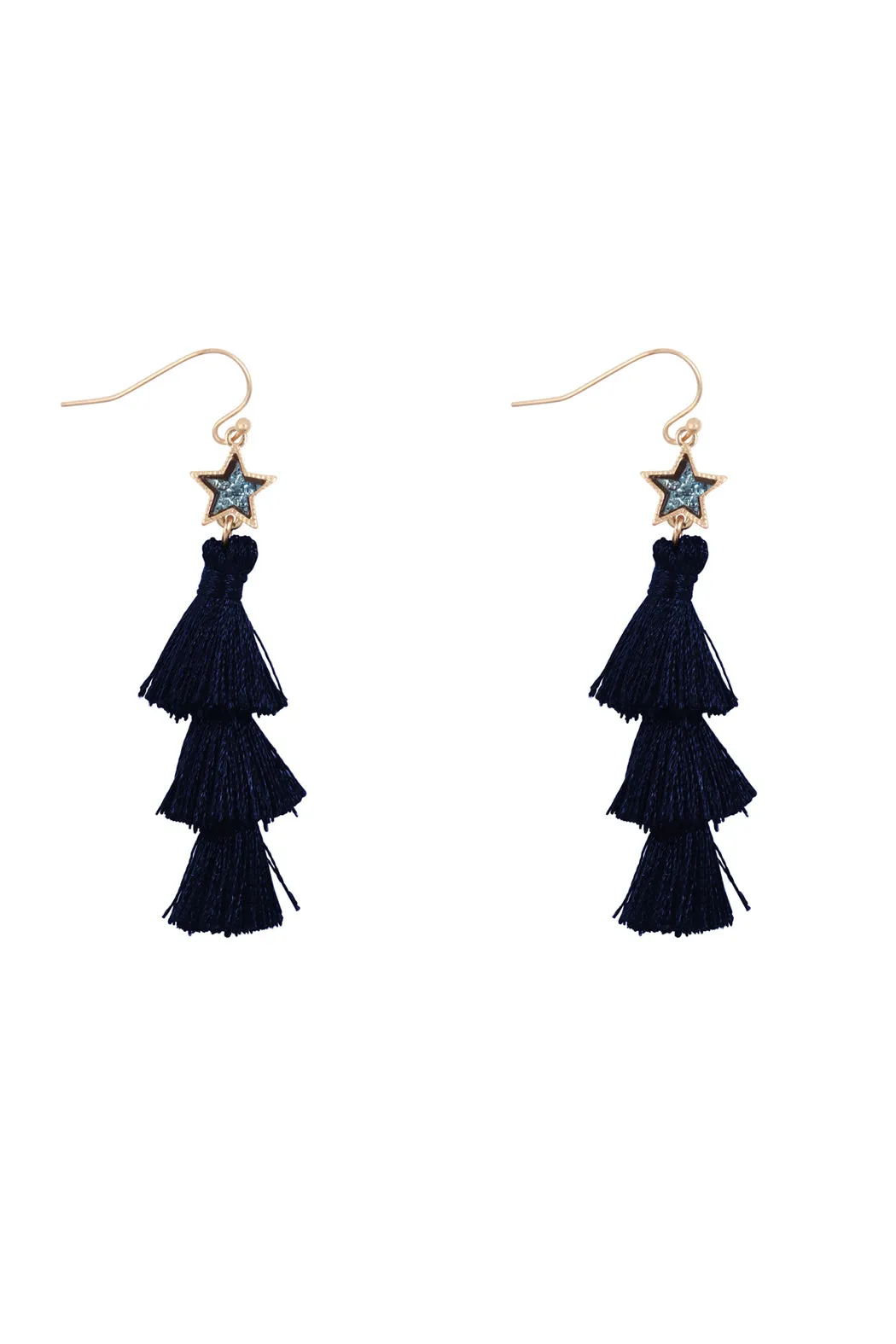 2“ STAR SHAPE FAUX DRUZY WITH TRIPLE MINI TASSEL HOOK EARRINGS