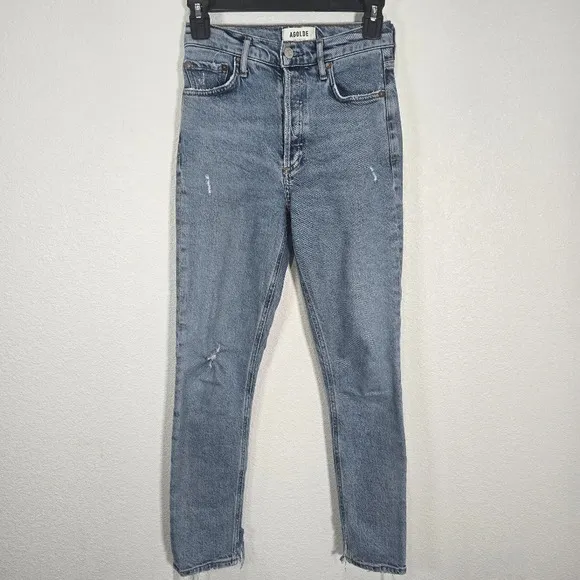 Agolde Nico Jeans High Rise Slim Womens Size 23 Headlines Blue Denim Distressed