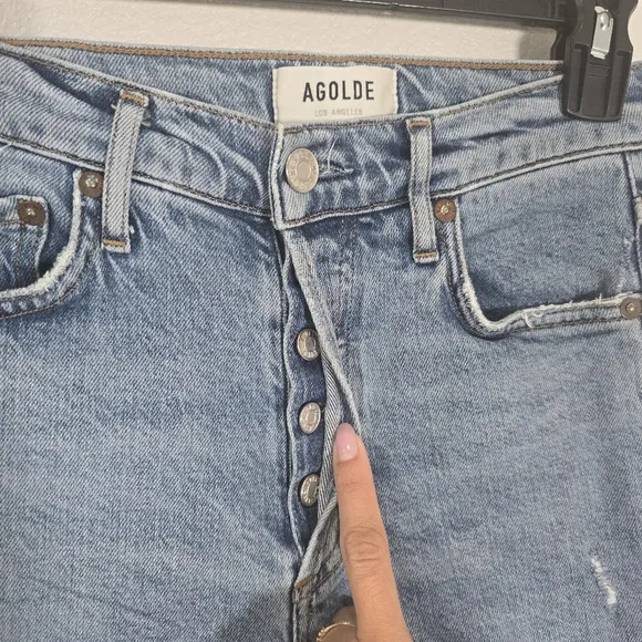 Agolde Nico Jeans High Rise Slim Womens Size 23 Headlines Blue Denim Distressed