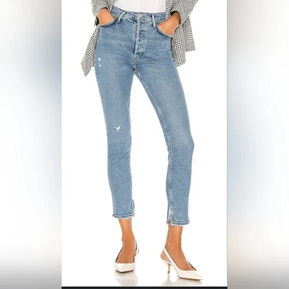 Agolde Nico Jeans High Rise Slim Womens Size 23 Headlines Blue Denim Distressed