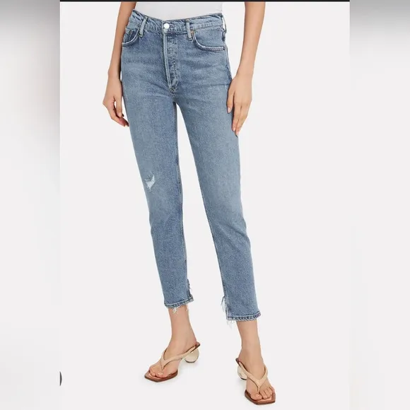 Agolde Nico Jeans High Rise Slim Womens Size 23 Headlines Blue Denim Distressed