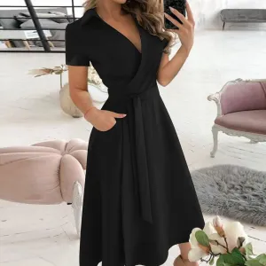 Alessandra Elegant Belted A-Line Midi Dress With Collar