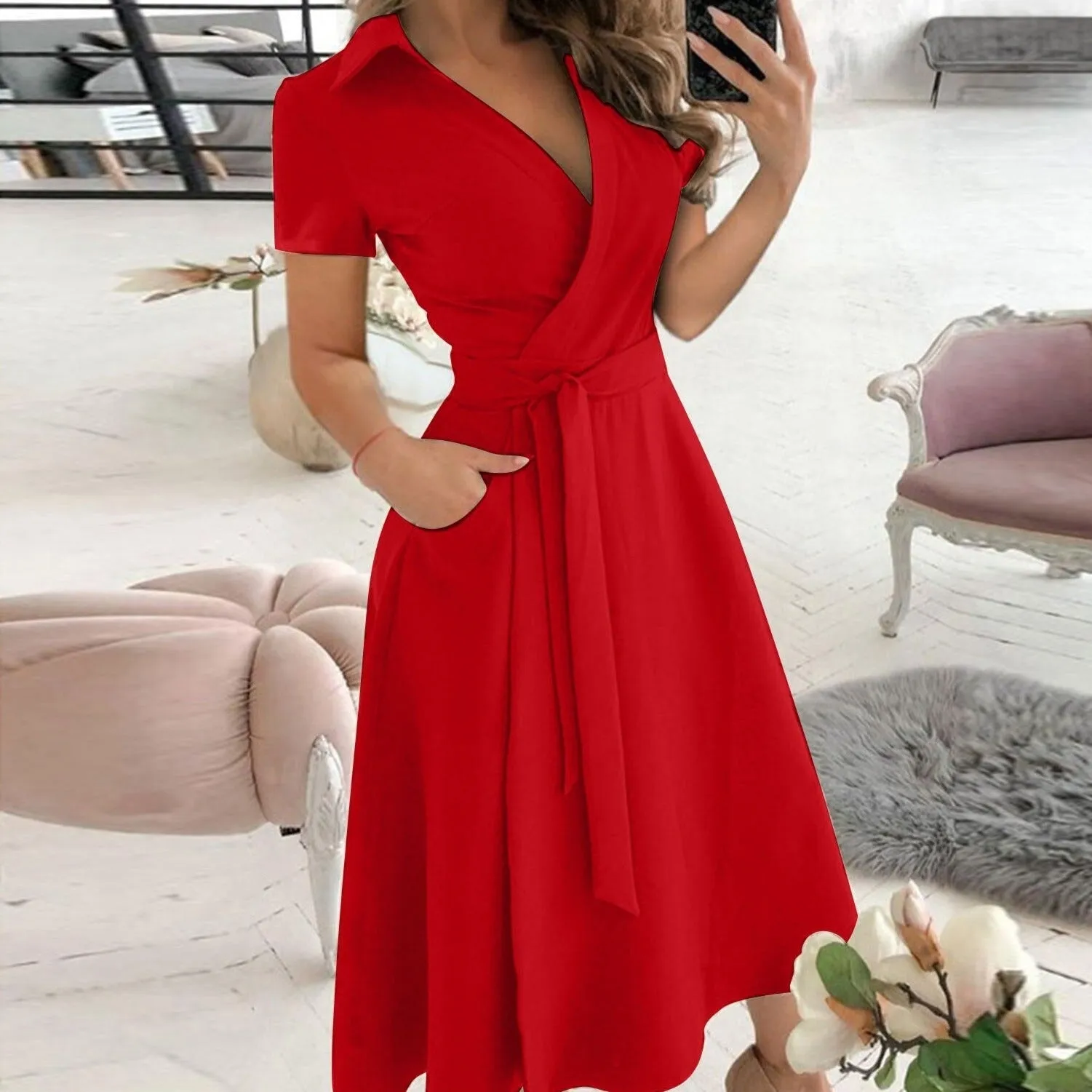 Alessandra Elegant Belted A-Line Midi Dress With Collar