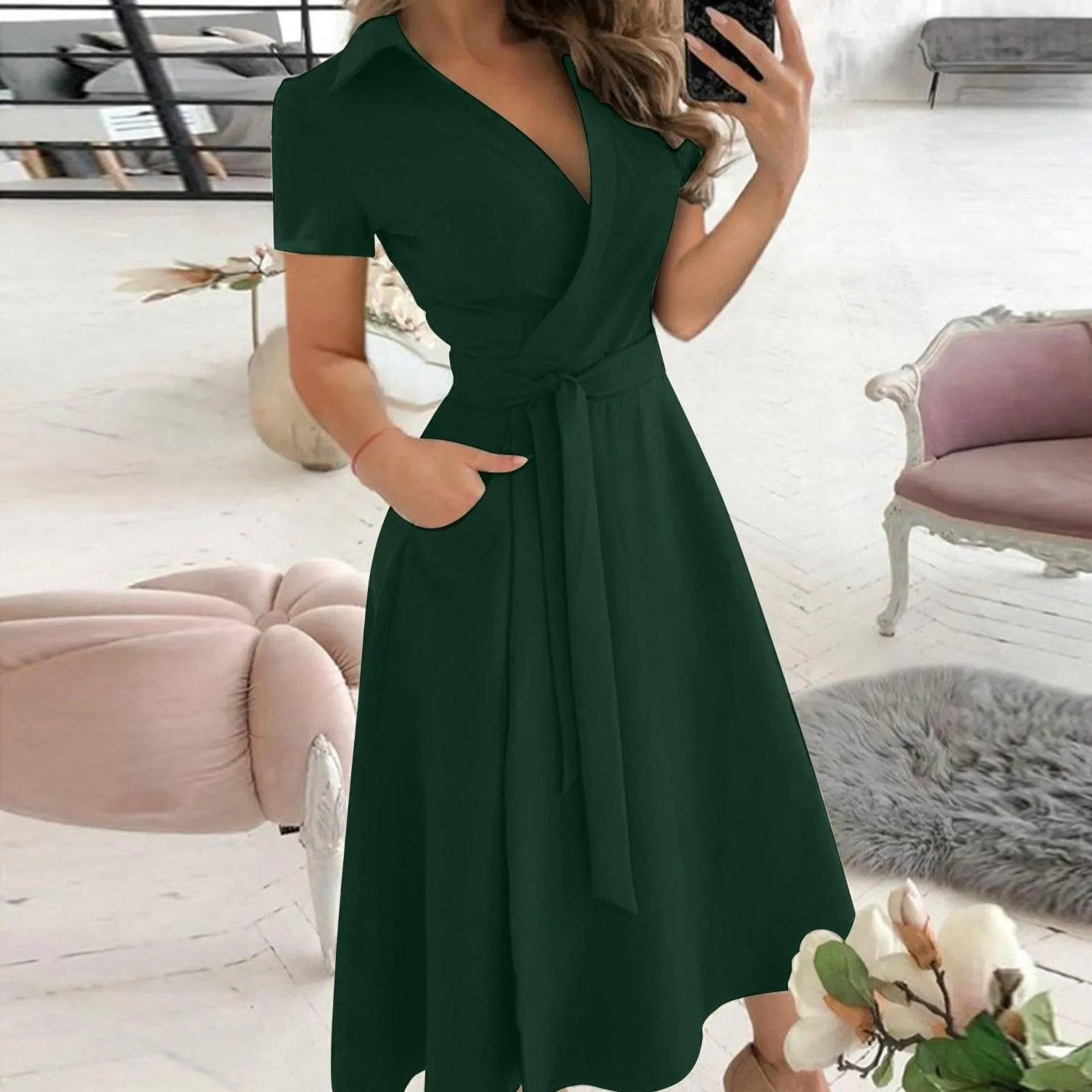 Alessandra Elegant Belted A-Line Midi Dress With Collar