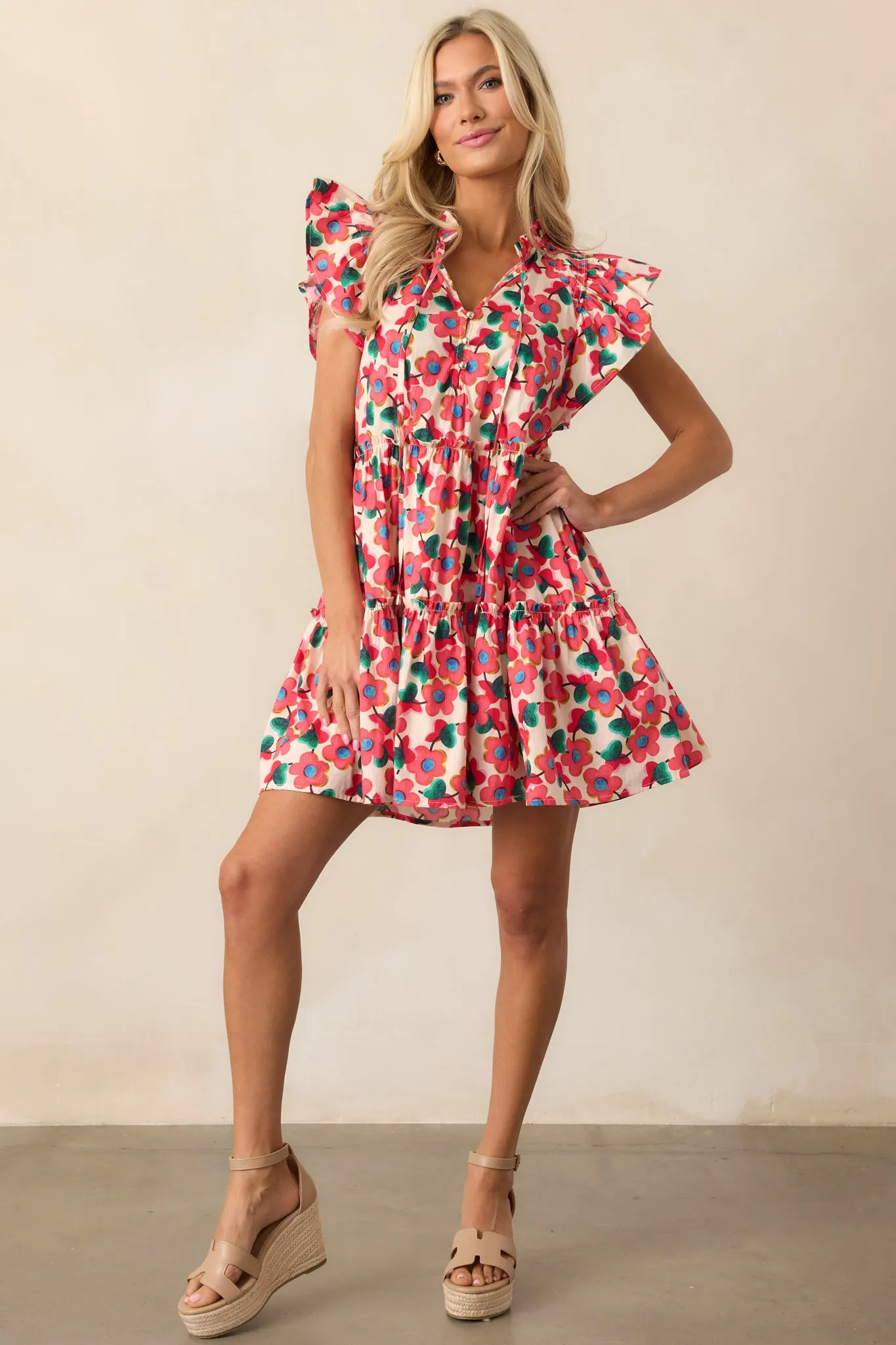 All You Need Red Floral Cotton Flutter Sleeve Mini Dress