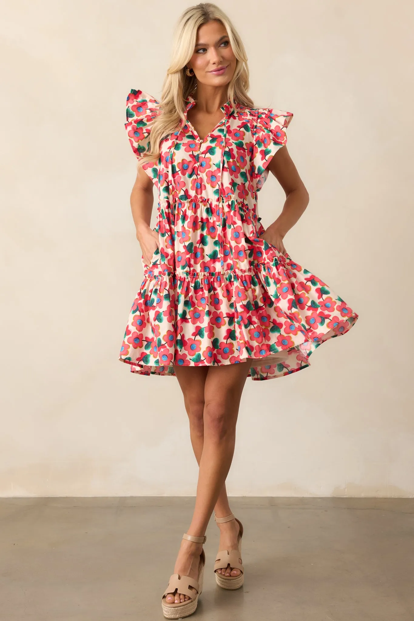All You Need Red Floral Cotton Flutter Sleeve Mini Dress