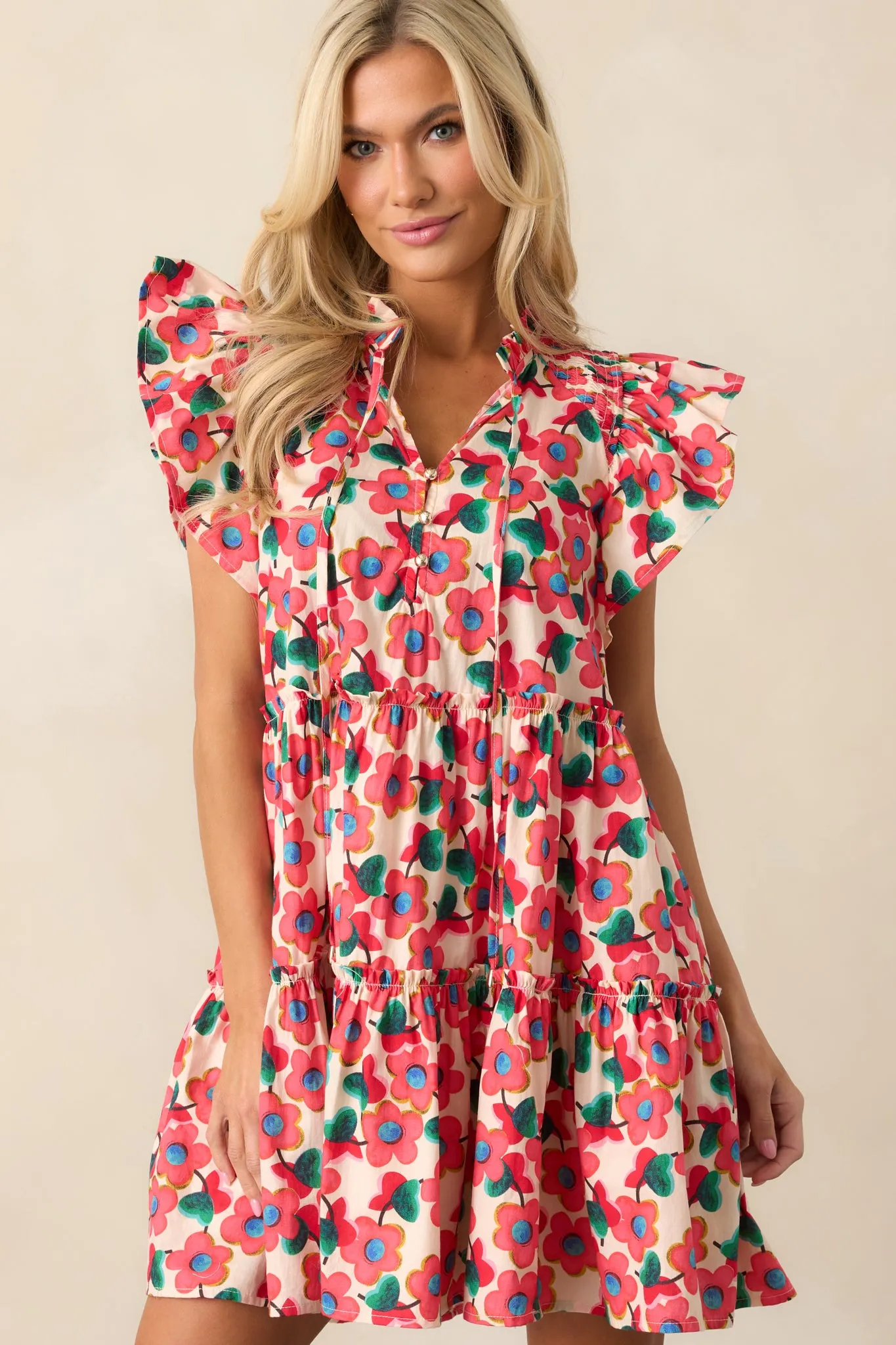 All You Need Red Floral Cotton Flutter Sleeve Mini Dress