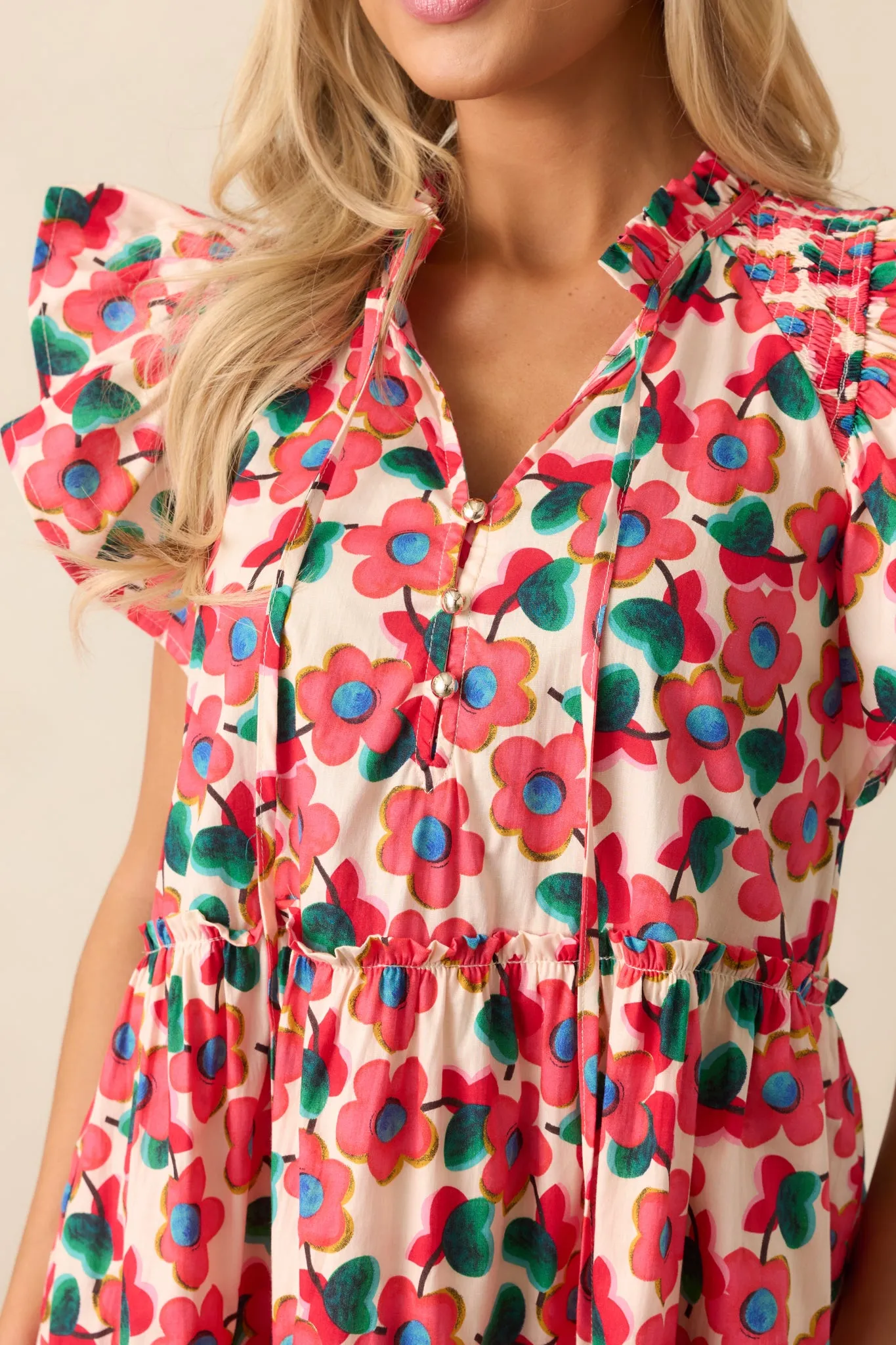 All You Need Red Floral Cotton Flutter Sleeve Mini Dress