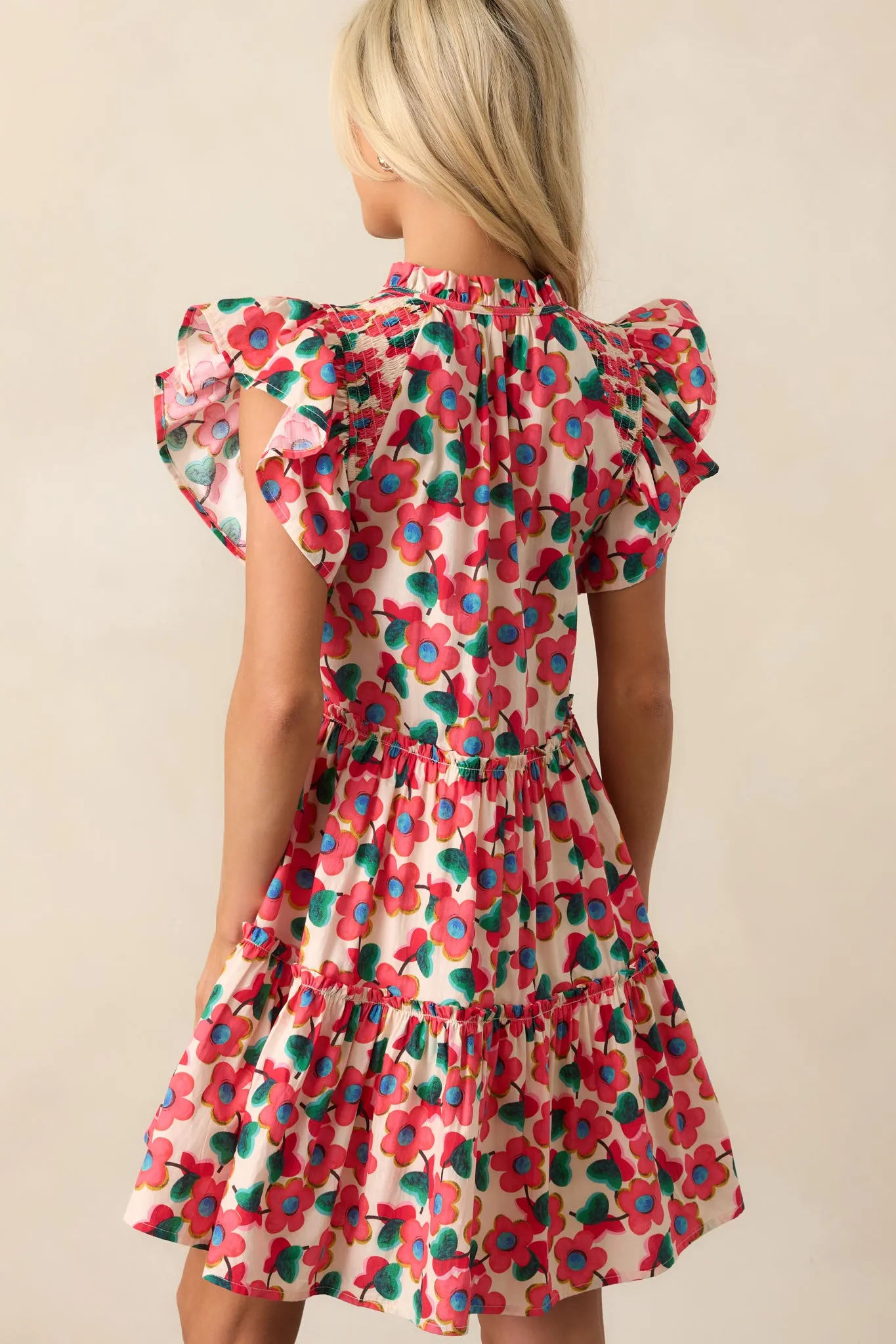 All You Need Red Floral Cotton Flutter Sleeve Mini Dress