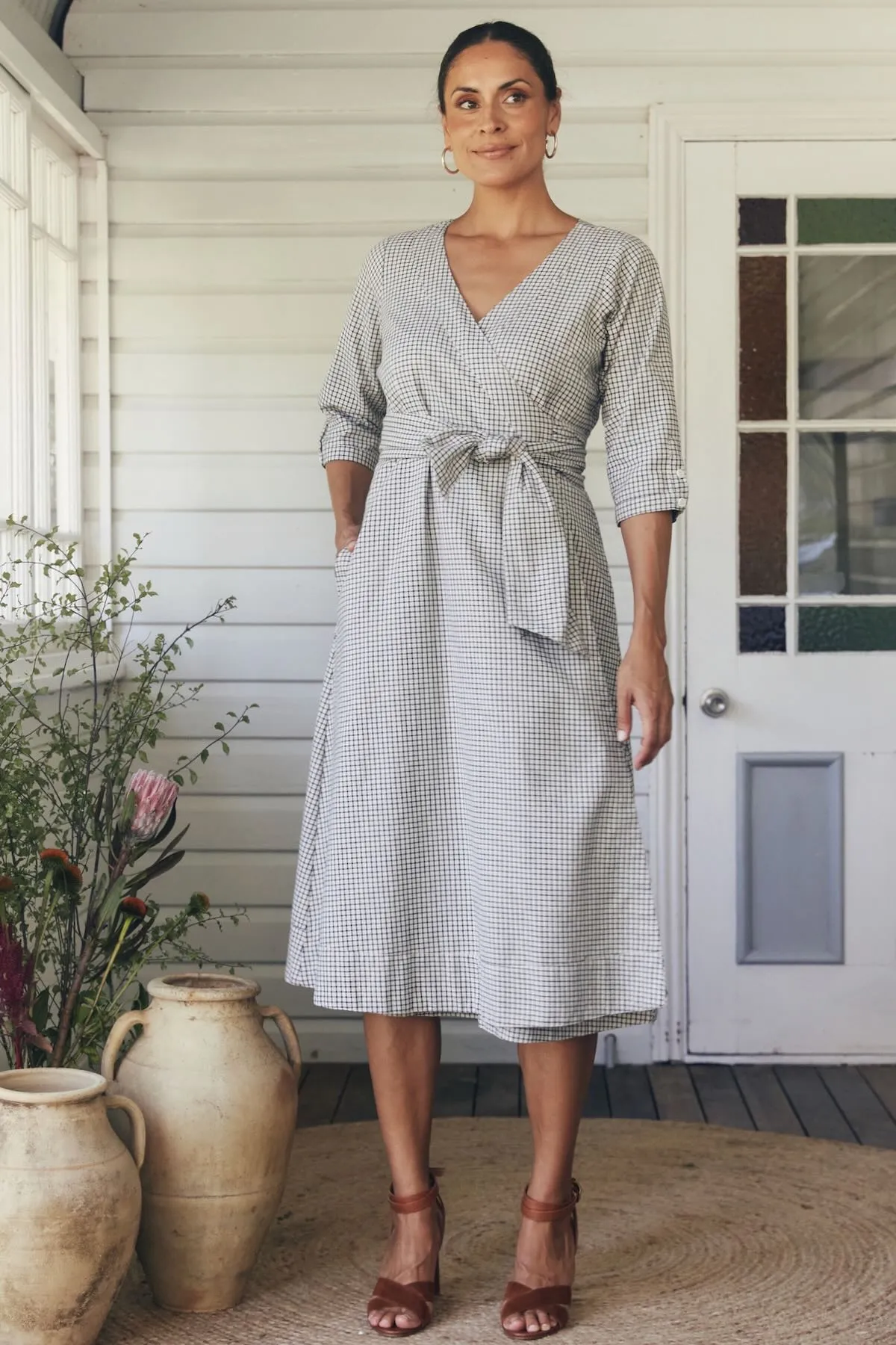 Angelica Wrap Dress - White Check