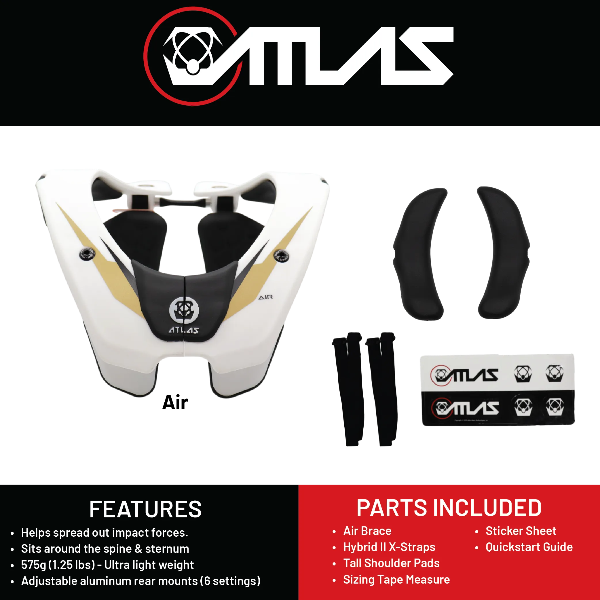 Atlas Air Anti-Compression Sport Neck Brace (Adult - Medium) for Use In: Powersports, Offroad Racing, Motocross, Mountain Biking, BMX, Snowmobiling, Snowboarding (White/Gold)