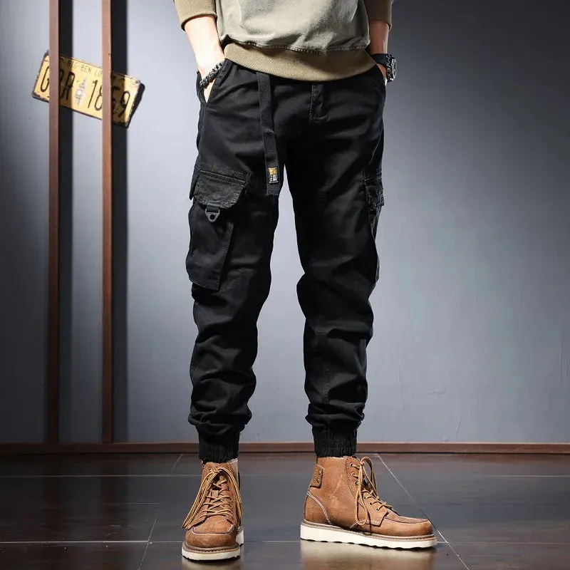 Autumn Men's Blue Cotton Cargo Pants - Fashionable Tactical Sport Joggers for Casual Streetwear with Slim Fit