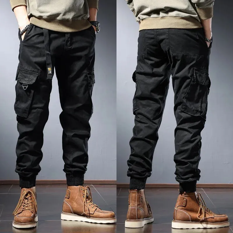 Autumn Men's Blue Cotton Cargo Pants - Fashionable Tactical Sport Joggers for Casual Streetwear with Slim Fit