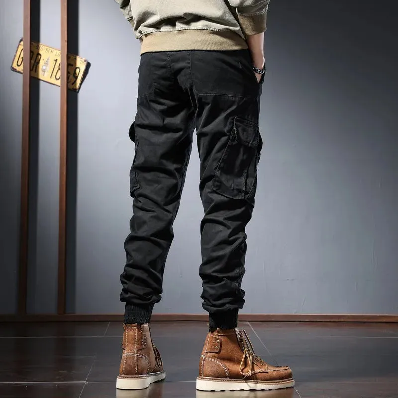 Autumn Men's Blue Cotton Cargo Pants - Fashionable Tactical Sport Joggers for Casual Streetwear with Slim Fit