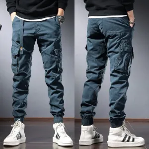 Autumn Men's Blue Cotton Cargo Pants - Fashionable Tactical Sport Joggers for Casual Streetwear with Slim Fit