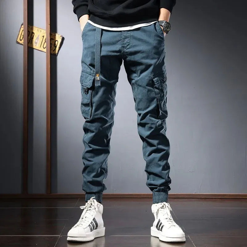 Autumn Men's Blue Cotton Cargo Pants - Fashionable Tactical Sport Joggers for Casual Streetwear with Slim Fit