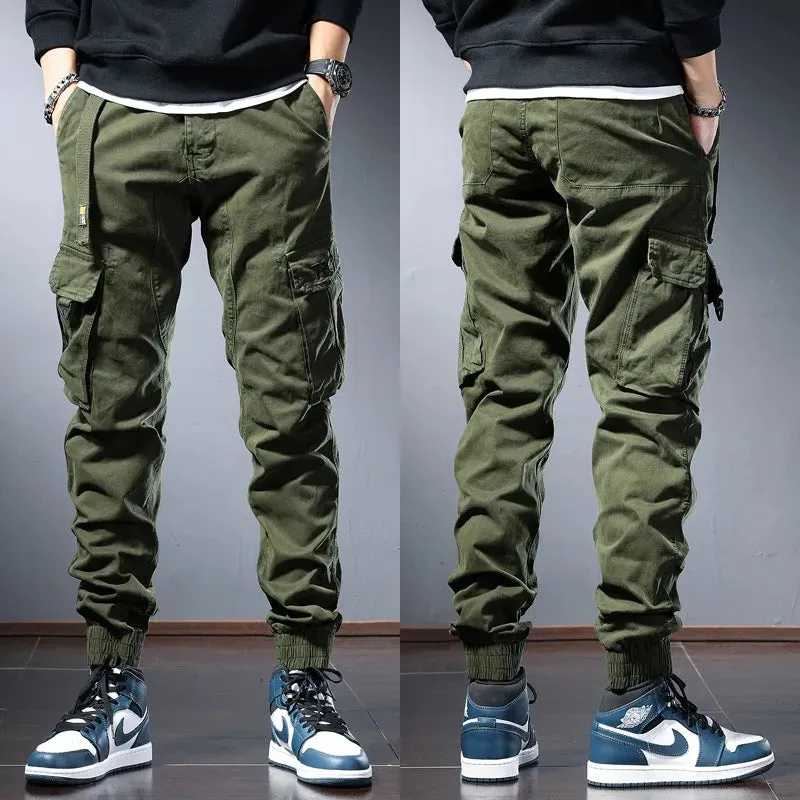 Autumn Men's Blue Cotton Cargo Pants - Fashionable Tactical Sport Joggers for Casual Streetwear with Slim Fit