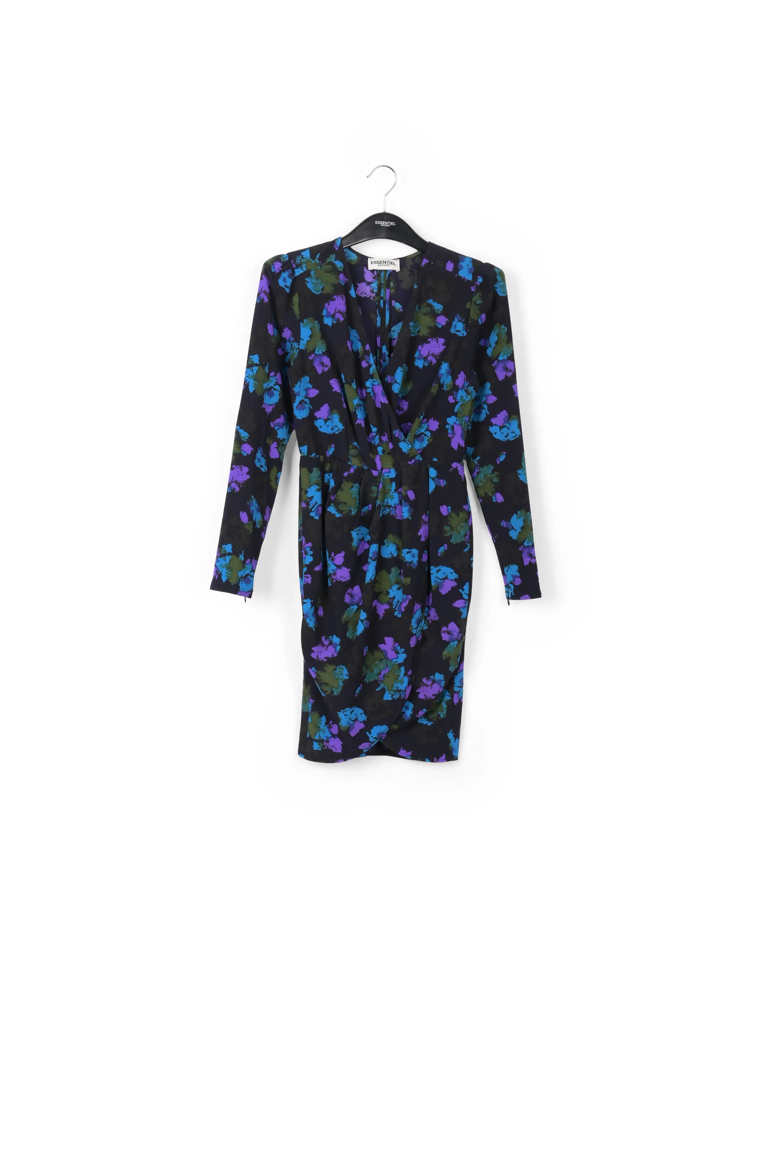 Black and blue wrap effect midi dress