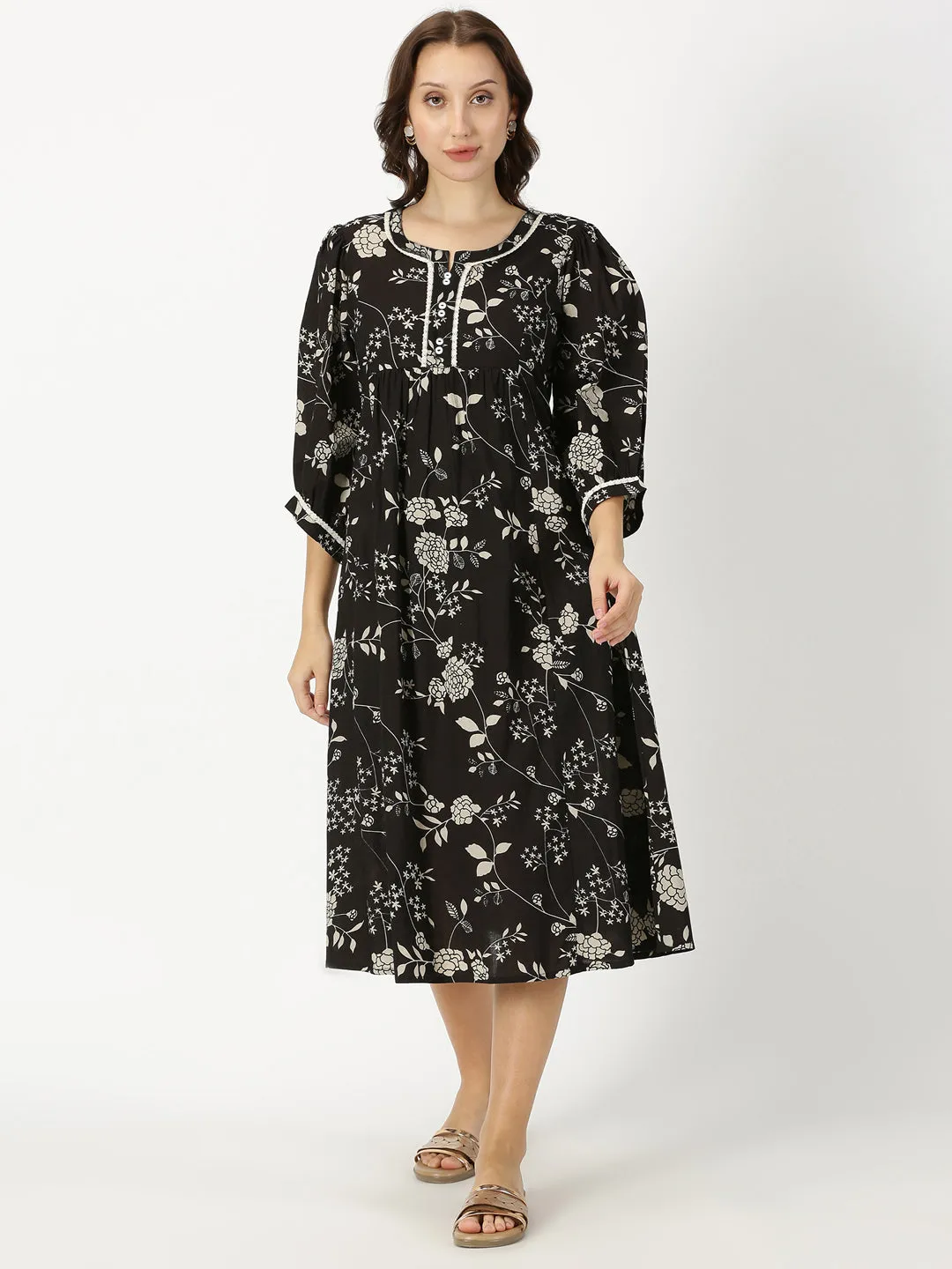Black Floral Print Midi Dress