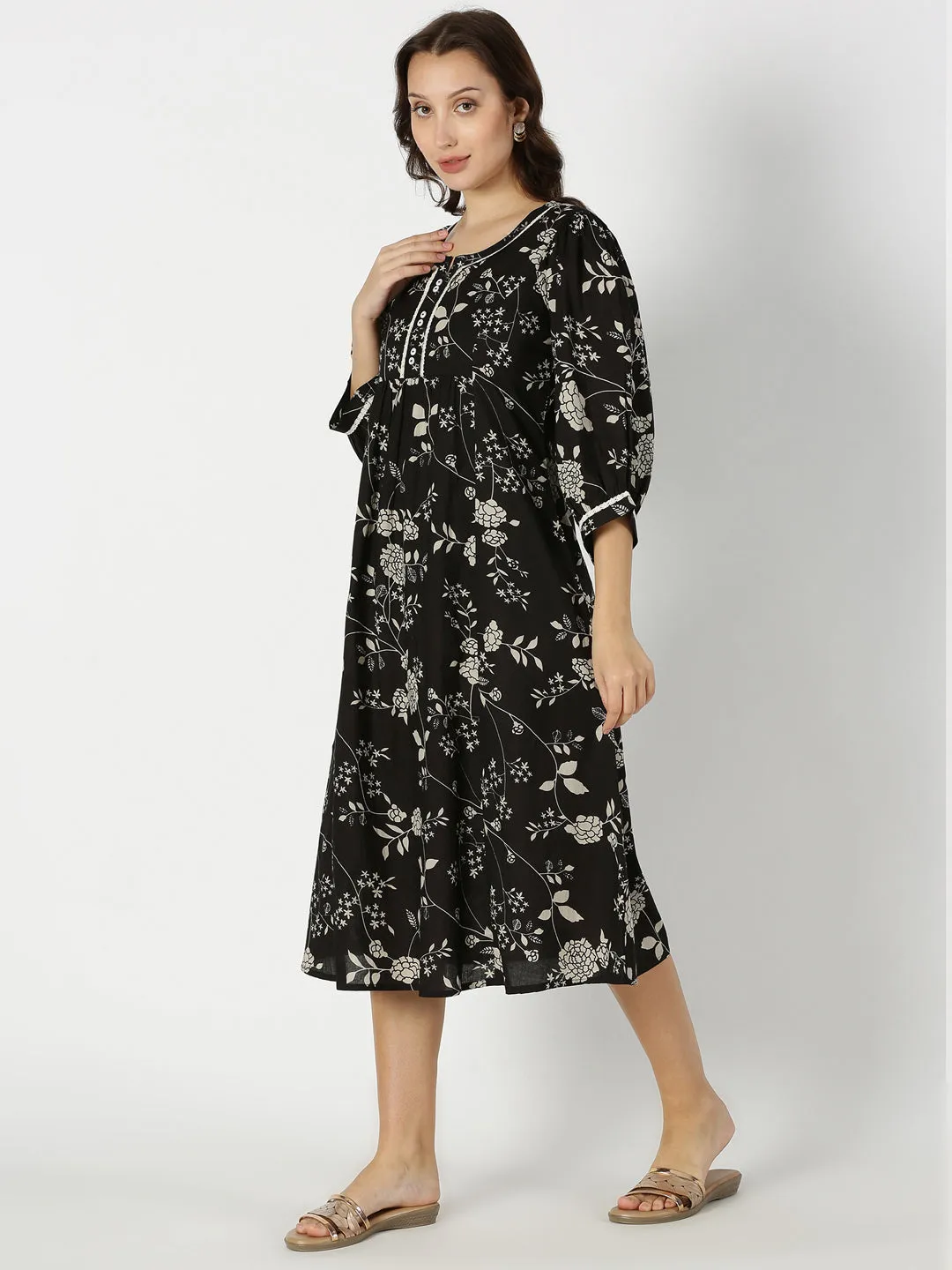 Black Floral Print Midi Dress