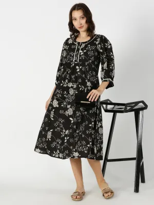 Black Floral Print Midi Dress