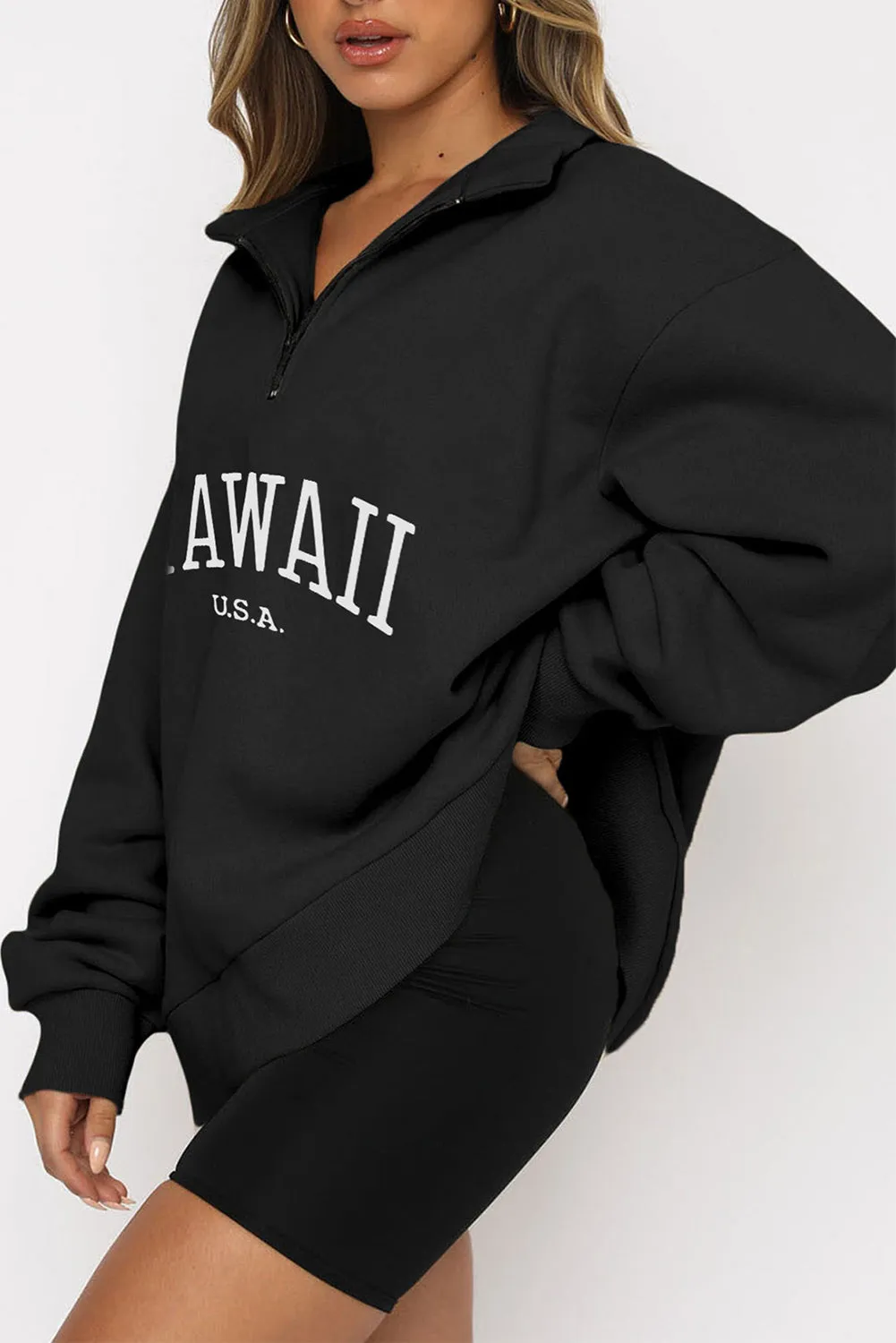 Black HAWAII USA Zipped Oversized Pullover Sweatshirt