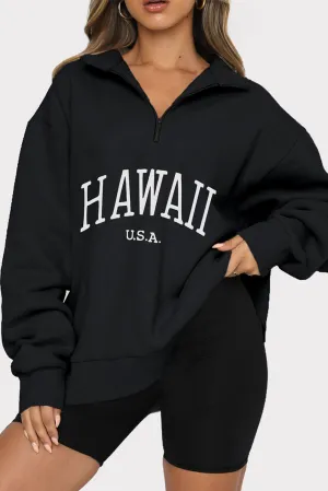 Black HAWAII USA Zipped Oversized Pullover Sweatshirt
