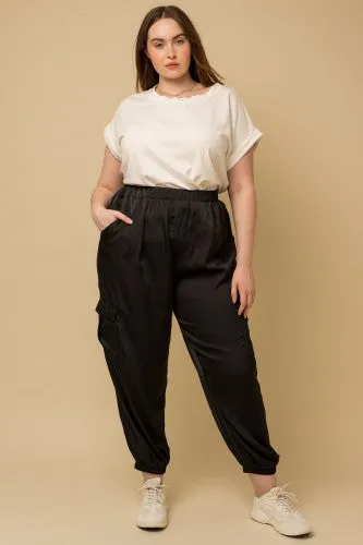 Black Satin Cargo Joggers
