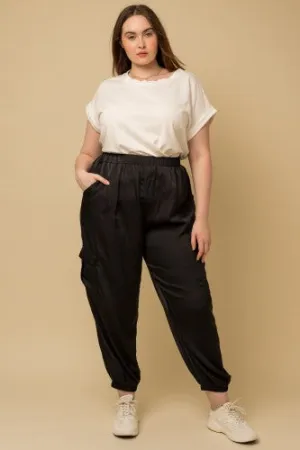 Black Satin Cargo Joggers