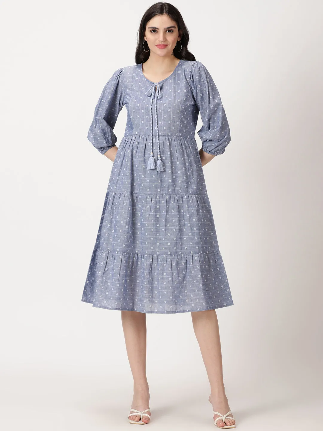 Blue Abstract Woven Design Tiered Midi Dress