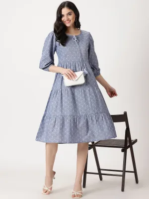 Blue Abstract Woven Design Tiered Midi Dress