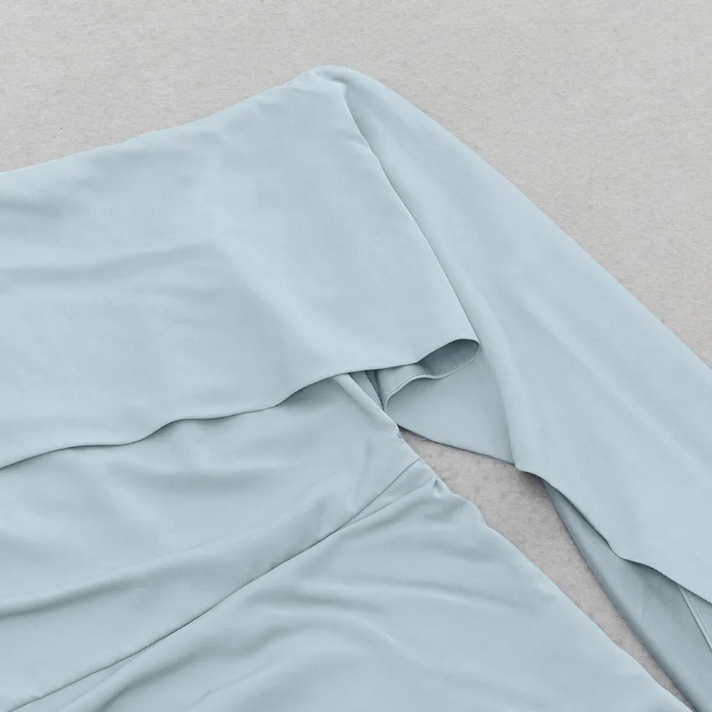 BLUE ASYMMETRICAL NECK RUCHED SPLIT THIGH DRESS