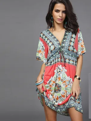 Boho Autumn Women Dress Loose Sundresses Deep V Ethnic Dashiki Print Tunic Beach Dresses Big Size 2XL Woman SunDress Robe