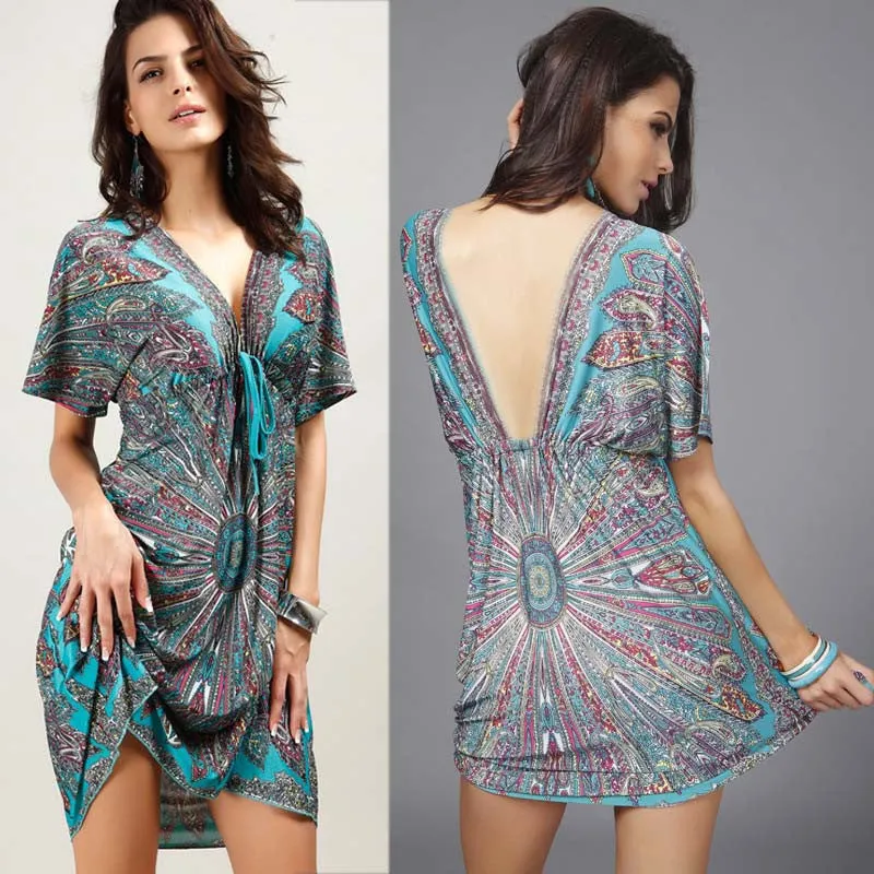 Boho Autumn Women Dress Loose Sundresses Deep V Ethnic Dashiki Print Tunic Beach Dresses Big Size 2XL Woman SunDress Robe
