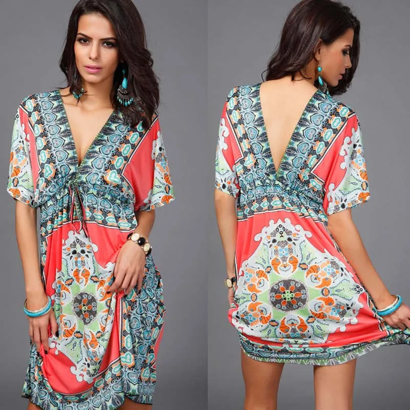 Boho Autumn Women Dress Loose Sundresses Deep V Ethnic Dashiki Print Tunic Beach Dresses Big Size 2XL Woman SunDress Robe