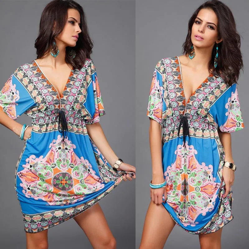 Boho Autumn Women Dress Loose Sundresses Deep V Ethnic Dashiki Print Tunic Beach Dresses Big Size 2XL Woman SunDress Robe