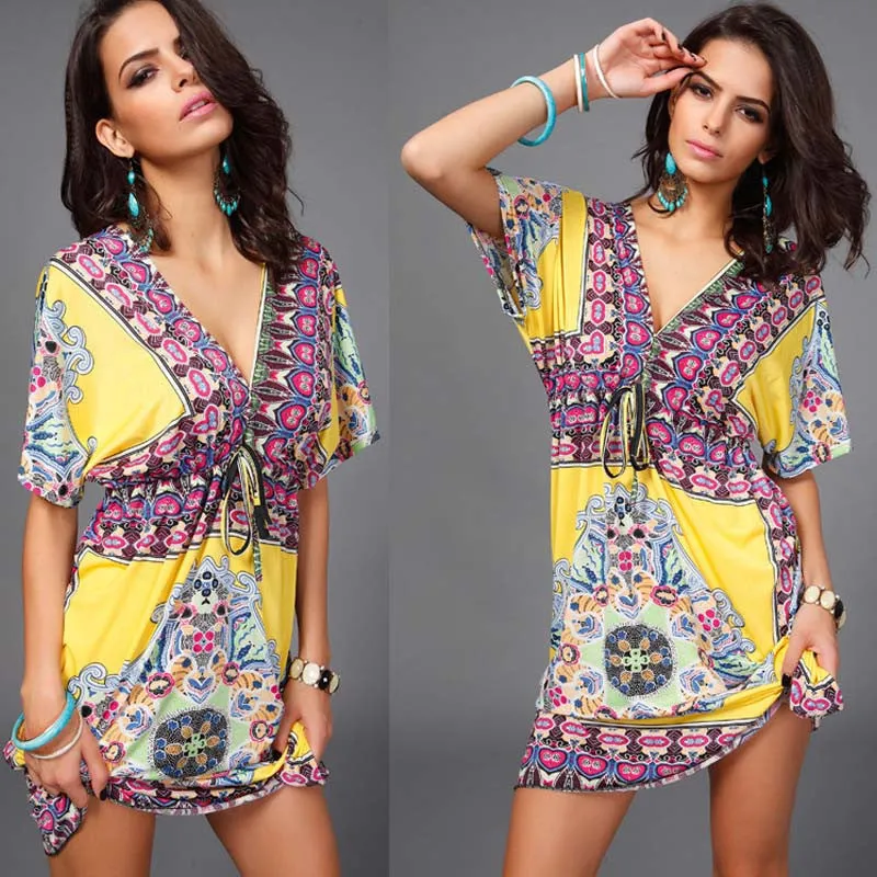Boho Autumn Women Dress Loose Sundresses Deep V Ethnic Dashiki Print Tunic Beach Dresses Big Size 2XL Woman SunDress Robe